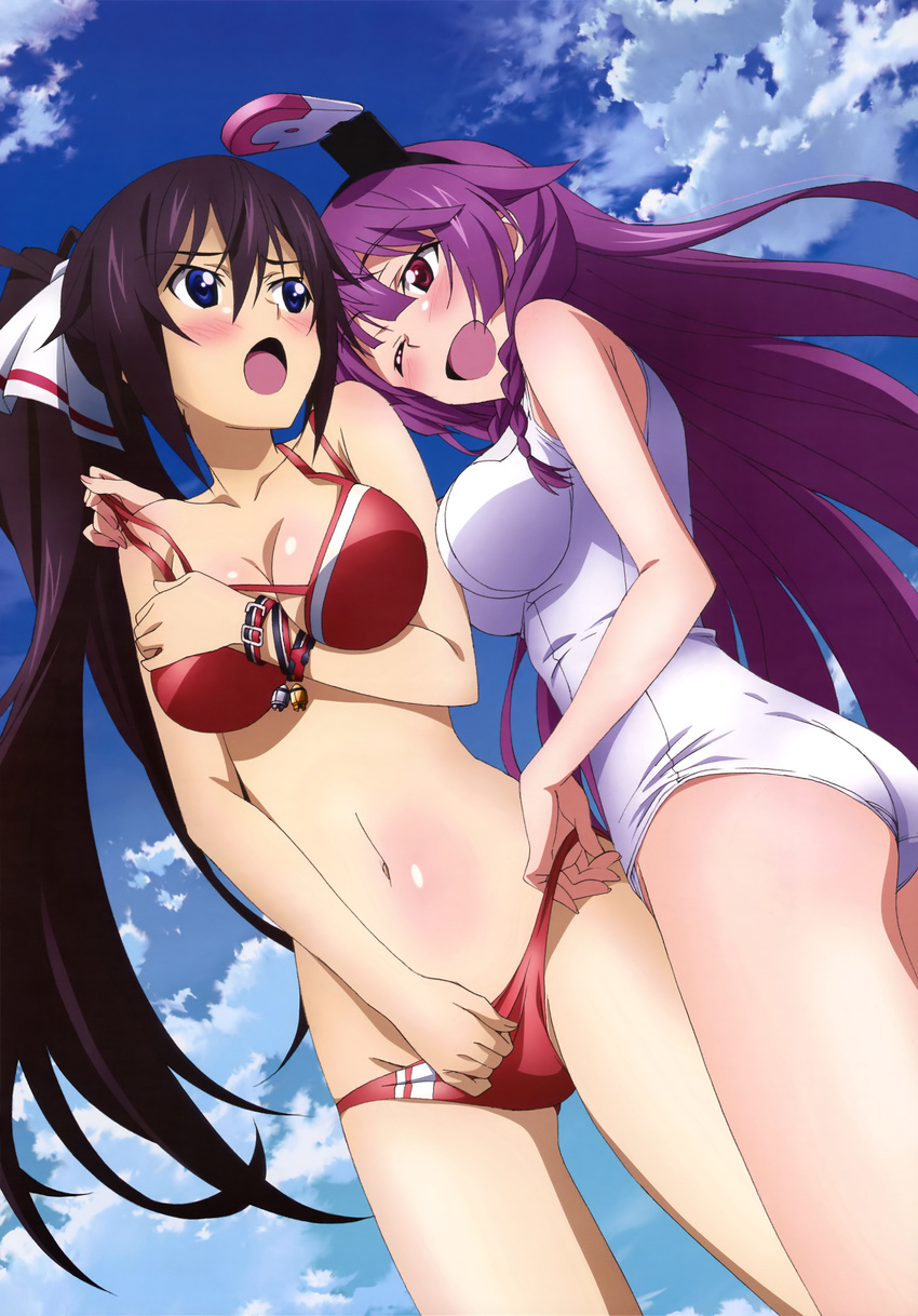 ;d absurdres animal_ears ass ass_visible_through_thighs bikini bikini_pull blush breasts bunny_ears cleavage cloud covering covering_breasts day dutch_angle fake_animal_ears from_below hair_between_eyes highres infinite_stratos kurashima_tomoyasu large_breasts long_hair medium_breasts multiple_girls navel nyantype official_art one-piece_swimsuit one_eye_closed open_mouth outdoors ponytail pulled_by_another purple_eyes purple_hair red_bikini scan school_swimsuit shinonono_houki shinonono_tabane siblings sisters sky smile swimsuit very_long_hair white_school_swimsuit white_swimsuit wristband