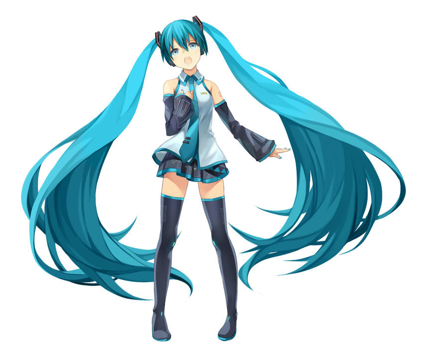 aqua_eyes aqua_hair boots detached_sleeves hand_on_own_chest hatsune_miku headphones highres kari_kenji long_hair nail_polish necktie open_mouth simple_background skirt solo thigh_boots thighhighs twintails very_long_hair vocaloid white_background