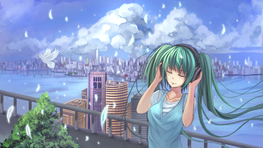 bird city cityscape closed_eyes cloud day feathers green_hair hands_on_headphones hatsune_miku headphones highres long_hair sky solo twintails vocaloid youxuemingdie