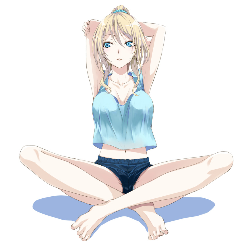 absurdres armpits arms_behind_head arms_up ayase_eli bare_legs barefoot belly_peek blonde_hair blue_eyes breasts collarbone feet full_body highres indian_style large_breasts legs long_legs love_live! love_live!_school_idol_project md5_mismatch navel ponytail short_shorts shorts simon_(n.s_craft) simple_background sitting solo stretch sweat tank_top toes white_background