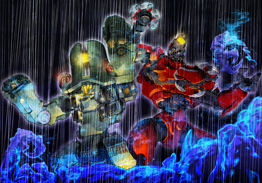 blood cherno_alpha crimson_typhoon glowing highres mecha miwa_shirou night no_humans pacific_rim rain science_fiction super_robot
