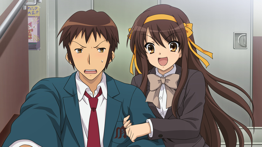 1girl arm_grab brown_eyes brown_hair game_cg hair_ribbon highres kita_high_school_uniform kouyouen_academy_uniform kyon long_hair necktie non-web_source official_art open_mouth ribbon school_uniform suzumiya_haruhi suzumiya_haruhi_no_shoushitsu suzumiya_haruhi_no_tsuisou suzumiya_haruhi_no_yuuutsu sweatdrop