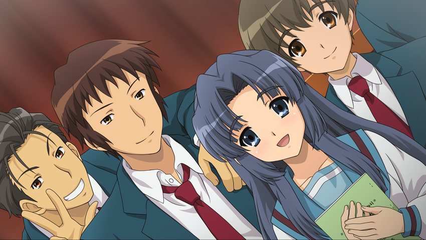 3boys :d asakura_ryouko black_hair blue_eyes brown_eyes brown_hair dutch_angle grin highres holding kita_high_school_uniform kunikida kyon long_hair multiple_boys necktie official_art open_mouth school_uniform serafuku smile suzumiya_haruhi_no_shoushitsu suzumiya_haruhi_no_tsuisou suzumiya_haruhi_no_yuuutsu taniguchi