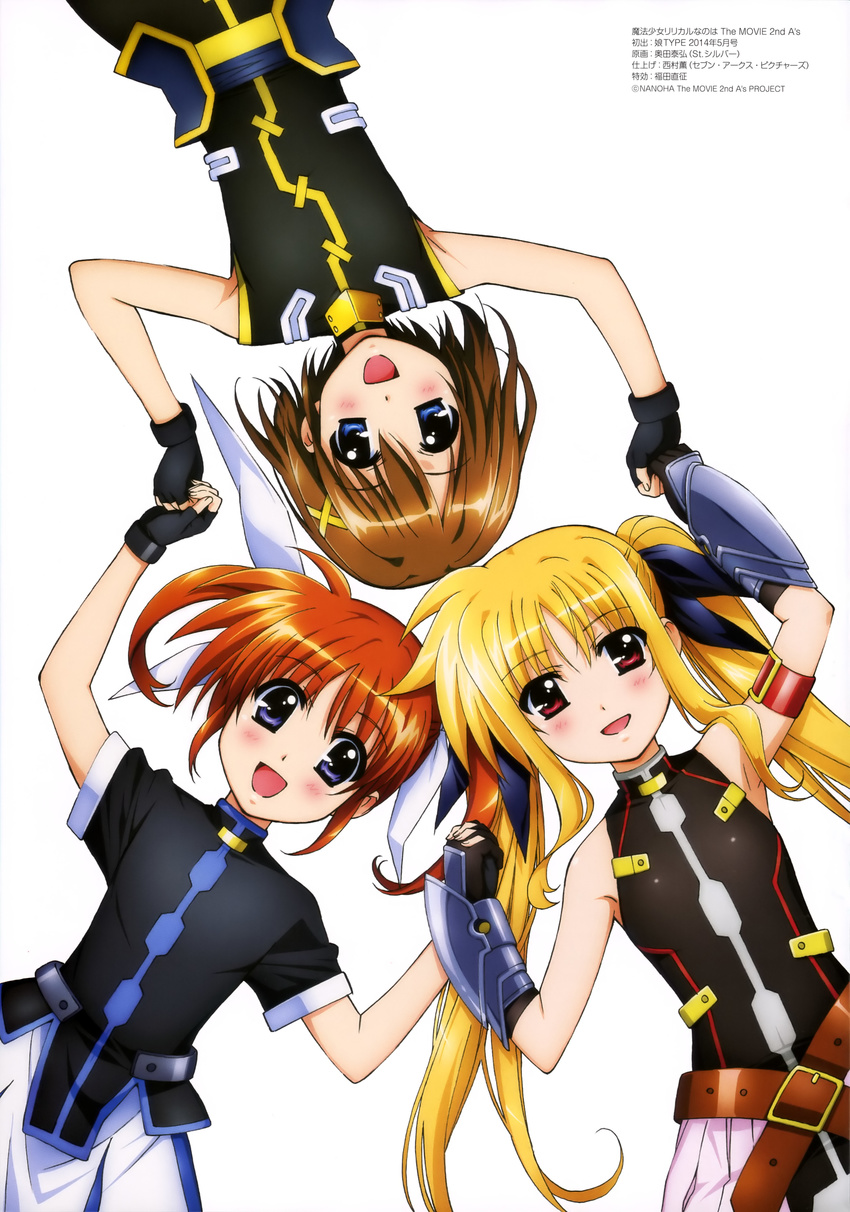 absurdres arm_belt armpits belt blonde_hair blue_eyes blush brown_hair copyright fate_testarossa fingerless_gloves gloves hair_ornament hairclip highres long_hair looking_at_viewer lying lyrical_nanoha magical_girl mahou_shoujo_lyrical_nanoha mahou_shoujo_lyrical_nanoha_a's mahou_shoujo_lyrical_nanoha_the_movie_2nd_a's multiple_girls no_jacket official_art okuda_yasuhiro on_back open_mouth purple_eyes red_eyes red_hair short_hair short_twintails smile takamachi_nanoha twintails upside-down waist_cape white_background x_hair_ornament yagami_hayate