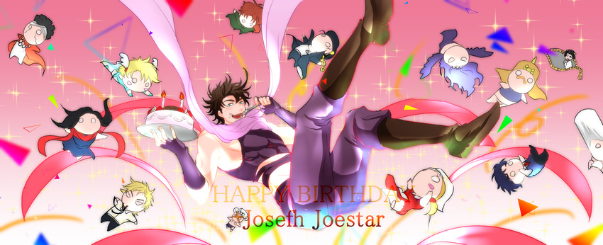 6+boys battle_tendency birthday_cake blush brown_hair bruno_buccellati caesar_anthonio_zeppeli cake chibi dio_brando engrish esidisi food food_on_face fork highres jean_pierre_polnareff jojo_no_kimyou_na_bouken jonathan_joestar joseph_joestar_(young) kaburan kakyouin_noriaki kars_(jojo) kuujou_joutarou mohammed_avdol multiple_boys multiple_girls phantom_blood ranguage scarf stardust_crusaders suzi_q vento_aureo wamuu