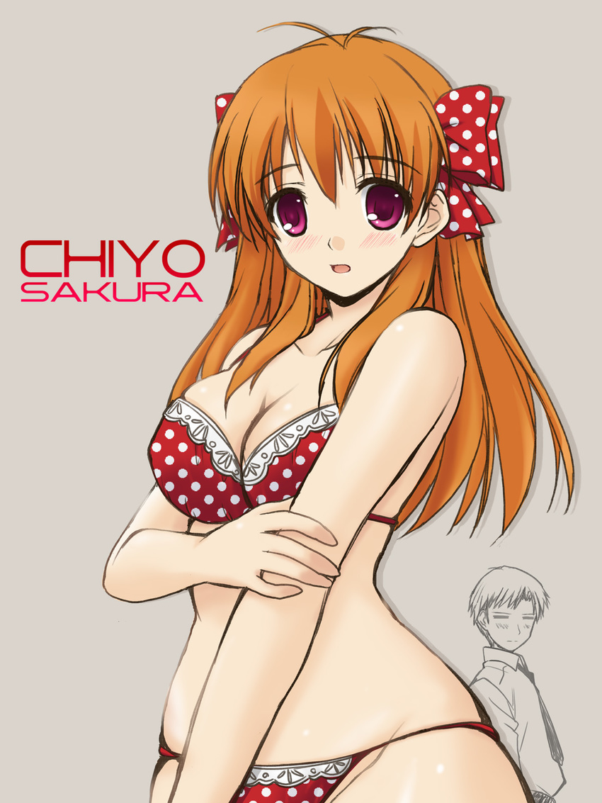 1girl alternate_costume bare_shoulders bikini blush bow breasts cleavage cowboy_shot gekkan_shoujo_nozaki-kun groin hair_bow highres large_breasts long_hair looking_at_viewer nozaki_umetarou orange_hair polka_dot polka_dot_bikini polka_dot_bow polka_dot_swimsuit purple_eyes sakura_chiyo swimsuit yoshimura_kentaro