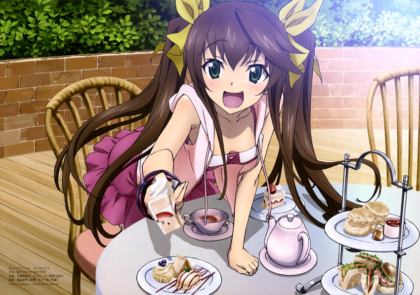 absurdres brick_wall brown_hair cake casual chair cup drink fang food fork fruit green_eyes highres hood hoodie huang_lingyin infinite_stratos kondou_natsuko long_hair non-web_source official_art open_mouth plate running_bond scone sleeveless sleeveless_hoodie slice_of_cake solo strawberry strawberry_shortcake table tea teapot tiered_tray twintails very_long_hair