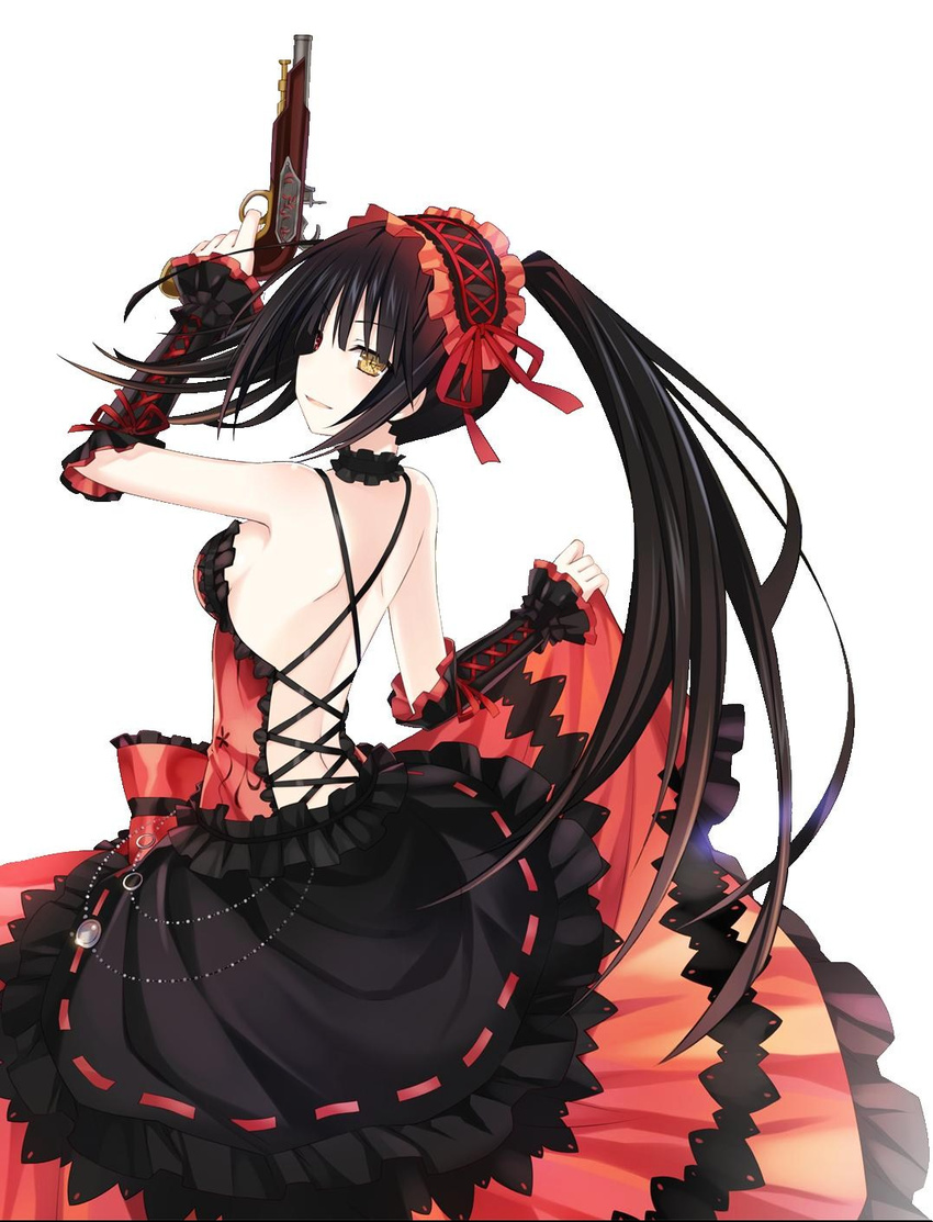 1girl back backless bare_shoulders black_hair breasts clock_eyes date_a_live dress female gothic gun hairband highres lolita_fashion lolita_hairband long_hair long_skirt looking_back medium_breasts profile red_eyes side_glance simple_background skirt solo standing symbol-shaped_pupils thighhighs tokisaki_kurumi twintails weapon white_background yellow_eyes