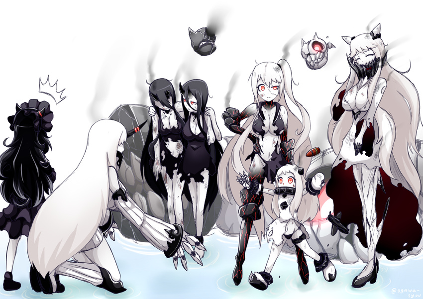 6+girls ^_^ aircraft_carrier_hime albino anklet arm_around_neck armor bangs battleship_hime black_dress black_hair black_panties breasts claws cleavage closed_eyes damaged defeat dress everyone flat_chest floating_fortress_(kantai_collection) glowing gothic_lolita groin hair_between_eyes hair_ornament hairband hand_on_another's_shoulder hand_on_hip high_heels horn horns injury isolated_island_oni jewelry kantai_collection kneeling large_breasts lolita_fashion lolita_hairband long_hair long_sleeves looking_at_another lowleg lowleg_panties midway_hime multiple_girls navel neck_ring no_bra northern_ocean_hime ogawa_shou one_side_up oni_horns outstretched_arms pale_skin panties red_eyes ribbed_dress running seaport_hime shinkaisei-kan short_dress side-tie_panties simple_background sleeves_past_wrists smoke spread_arms standing surprised thighlet torn_clothes torn_dress twitter_username underwear very_long_hair walking water white_background white_dress white_hair