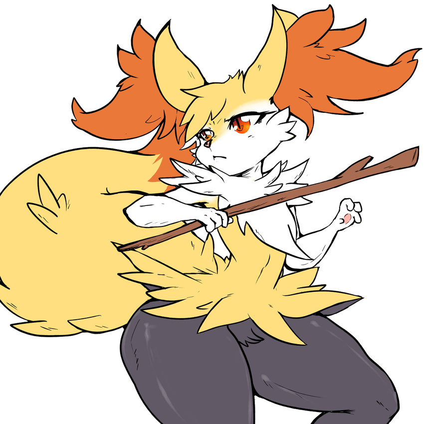 ambiguous_gender big_ears black_nose braixen canine chest_tuft ear_fluff fennec fox fur holding mammal nintendo plain_background pok&eacute;mon red_eyes slit_pupils snout solo standing stick thick_thighs tuft video_games white_background white_fur wide_hips yellow_fur ylwkirby