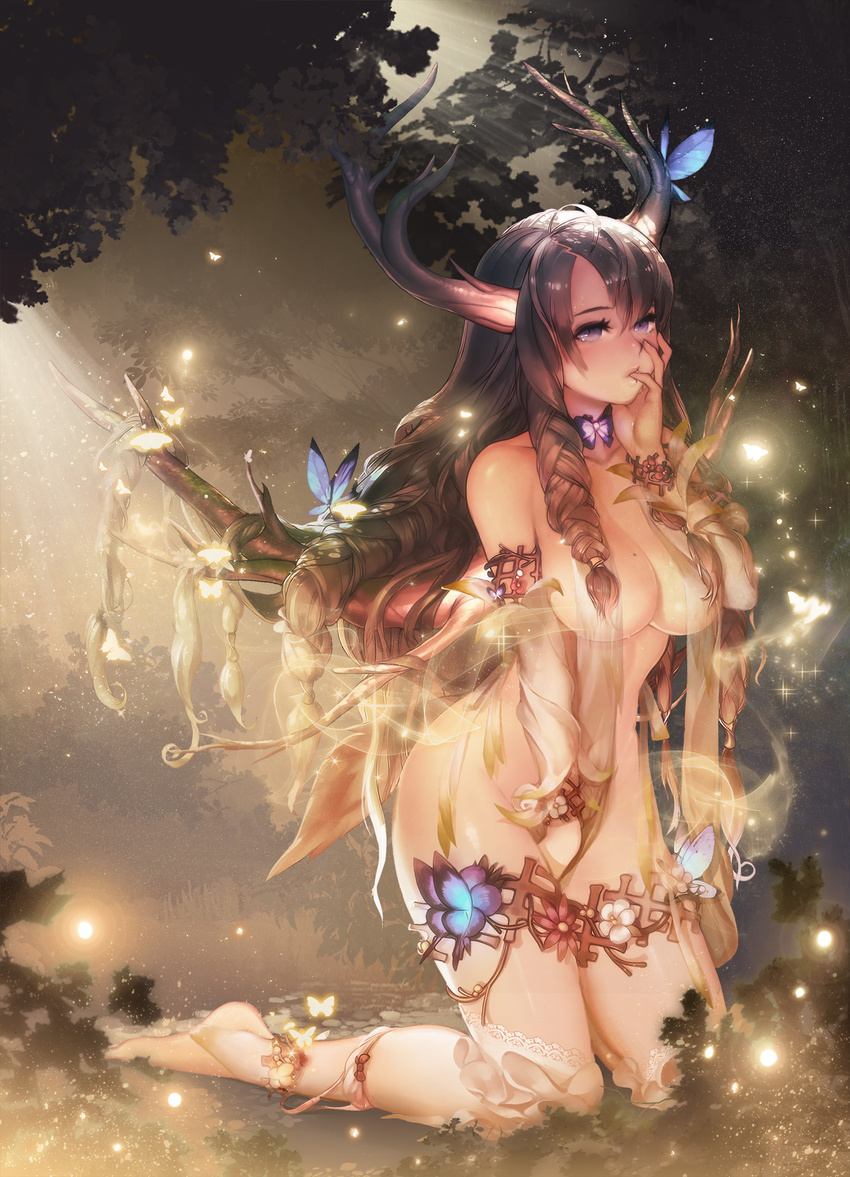 anklet antlers arm_garter bangs barefoot between_legs bow bow_panties braid branch breasts brown_hair bug butterfly collarbone finger_to_mouth forest hair_censor hand_between_legs hand_on_own_cheek highres insect instant_ip jewelry kneeling lace lace-trimmed_thighhighs large_breasts light_particles light_rays long_hair looking_at_viewer mole mole_on_breast moss multiple_braids nature nude original outdoors panties panties_around_one_leg purple_bow purple_eyes solo sparkle thighhighs thighs tree underwear white_legwear wrist_cuffs