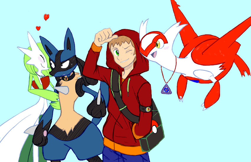 &lt;3 bag blush brown_hair collar edit gardevoir green_eyes hair hoodie hug latias lucario necklace nintendo plain_background pok&eacute;mon pok&eacute;mon_trainer smile sweat sweater tongue video_games yellow_eyes yuki-menoko