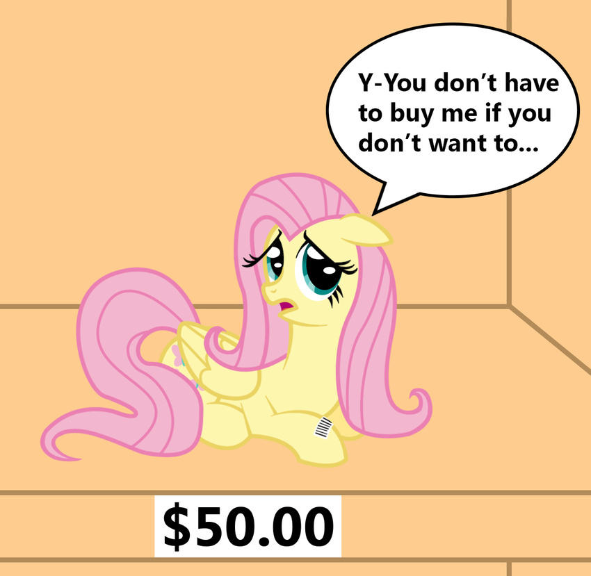 barcode cute cutie_mark dialog english_text equine female feral fluttershy_(mlp) for_sale friendship_is_magic hair mammal my_little_pony pegasus pink_hair price_tag sign smile solo text vincentthecrow wings