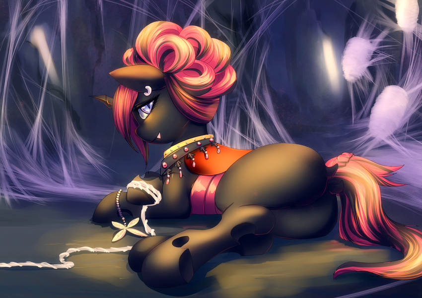 back_turned bakki bedroom_eyes black_fur blue_eyes changeling cocoon ear_piercing equine fangs female feral fur hair hi_res hooves horn horse inside jewelry looking_at_viewer looking_back lying mammal my_little_pony original_character piercing pony presenting slit_pupils smile solo two_tone_hair web