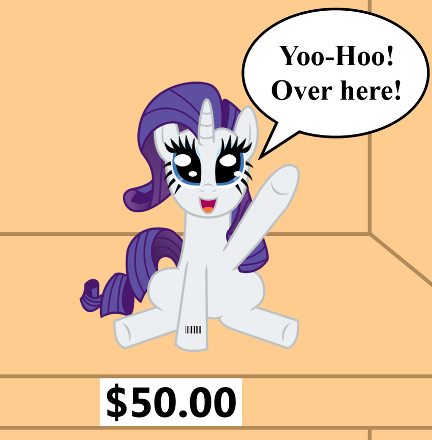 barcode cute cutie_mark dialog english_text equine female for_sale friendship_is_magic hair horn mammal my_little_pony price_tag purple_hair rarity_(mlp) sign smile solo text unicorn vincentthecrow