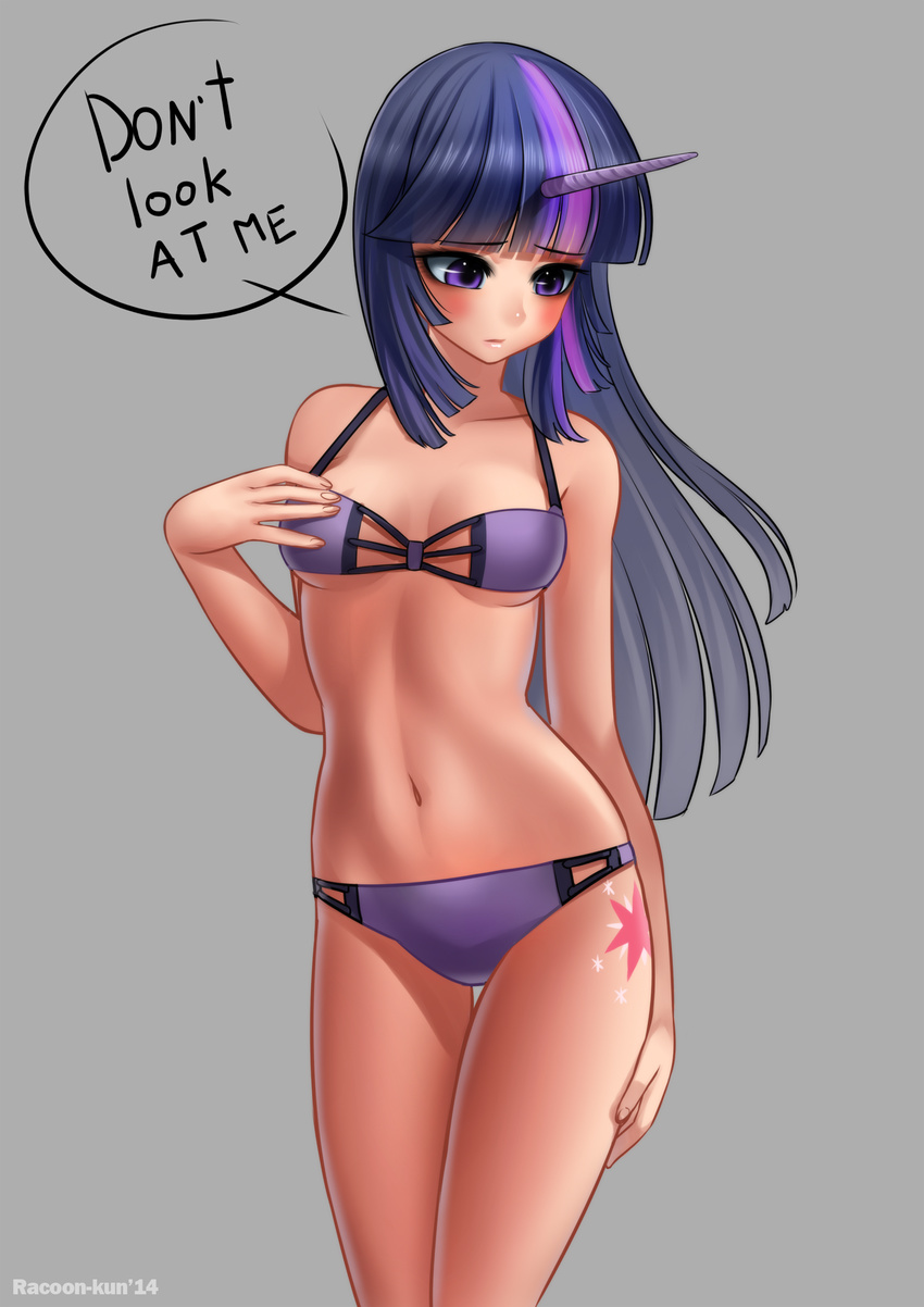 blush bra breasts cleavage clothed clothing cutie_mark embarrassed english_text friendship_is_magic grey_background hair hand_on_breast hi_res horn human humanized long_hair looking_away mammal multi-colored_hair my_little_pony navel panties plain_background purple_eyes racoon-kun solo speech_bubble text twilight_sparkle_(mlp) under_boob underwear