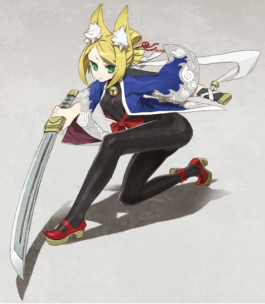 7th_dragon 7th_dragon_(series) animal_ears bell black_legwear blonde_hair bodysuit fox_ears green_eyes highres katana miwa_shirou namuna_(7th_dragon) pantyhose samurai_(7th_dragon) scabbard sheath solo squatting sword weapon