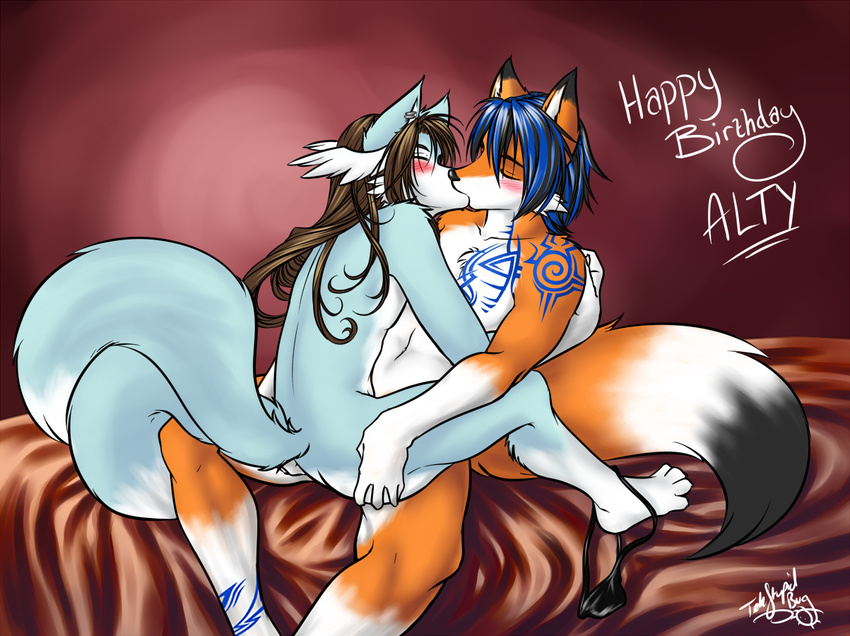 alty bed birthday blush butt butt_grab canine clothing fox gay girly hair kissing male mammal speedo swimsuit tattoo tehstupidbug two_tailed