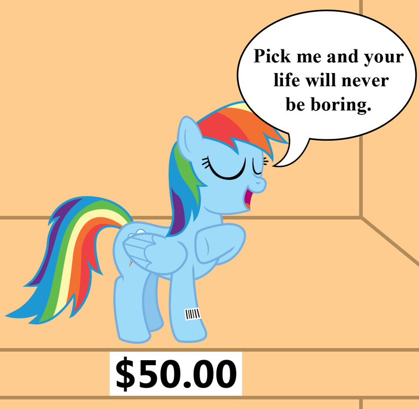 barcode cute cutie_mark dialog english_text equine eyes_closed female for_sale friendship_is_magic mammal my_little_pony pegasus price_tag rainbow_dash_(mlp) sign smile solo text vincentthecrow wings