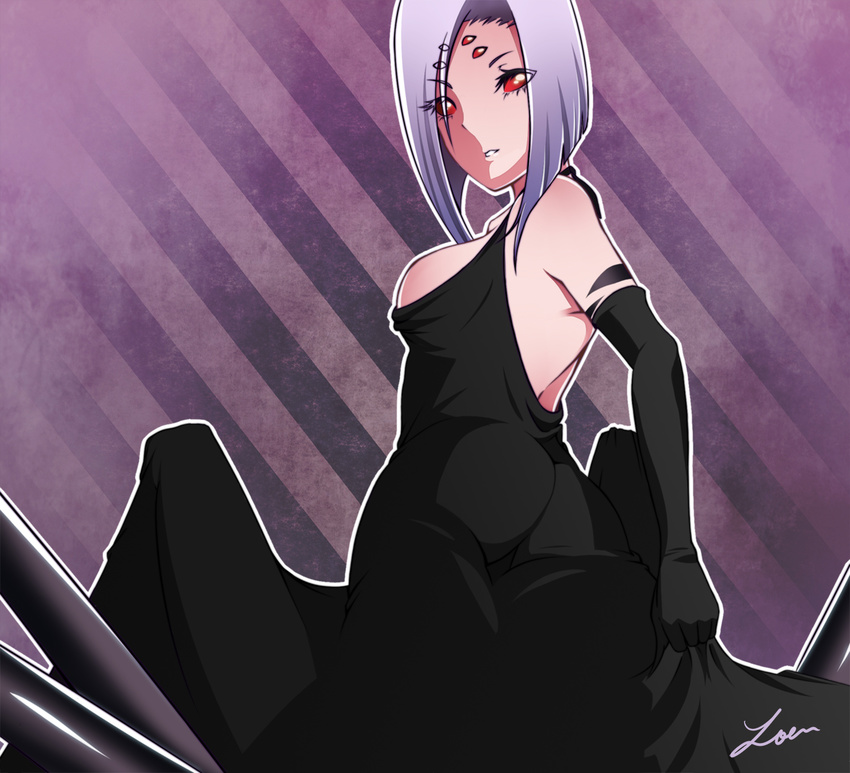 arachne ass breasts dress elbow_gloves extra_eyes from_behind gloves highres insect_girl lavender_hair loen-lapae looking_back medium_breasts monster_girl monster_musume_no_iru_nichijou multiple_legs rachnera_arachnera red_eyes signature solid_eyes solo spider_girl striped striped_background