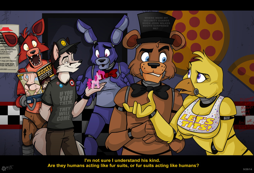 2014 animatronic anthro avian bear bird bonnie_(fnaf) breasts butt canine chica_(fnaf) chicken crossover earth_pony english_text equine female feral five_nights_at_freddy's fox foxy_(fnaf) freddy_(fnaf) friendship_is_magic horse human lagomorph male mammal my_little_pony pinkie_pie_(mlp) pony rabbit side_boob text topless wolf wolfjedisamuel