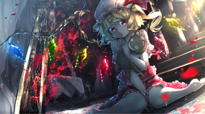 :o between_legs blonde_hair flandre_scarlet gears hand_between_legs hat highres looking_at_viewer machinery red_eyes revision ryosios short_hair side_ponytail sitting solo stairs stuffed_toy touhou wariza wings