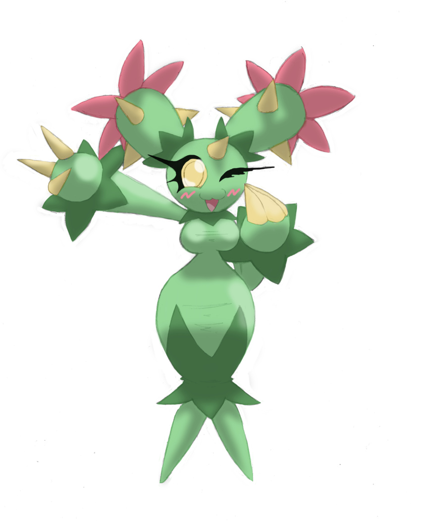 3_fingers :3 ;3 big_breasts bit-small blush breasts clothing dress flower horn looking_at_viewer maractus nintendo peace_sign plain_background plant pok&eacute;mon slim spikes thin_waist tight_clothing video_games wave waving wide_hips yellow_eyes