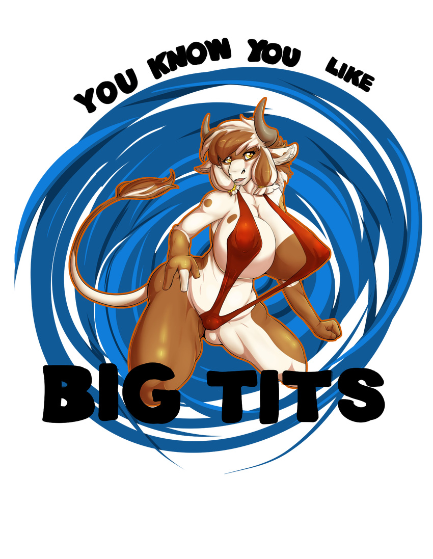 2014 alpha_channel amber_eyes anthro big_breasts bovine breasts brown_fur brown_hair cattle cleavage clothed clothing english_text female fur hair horn huge_breasts kneeling long_hair looking_away mammal purplepardus side_boob smile solo spots swimsuit tauren text thick_thighs video_games warcraft white_fur white_hair wide_hips world_of_warcraft