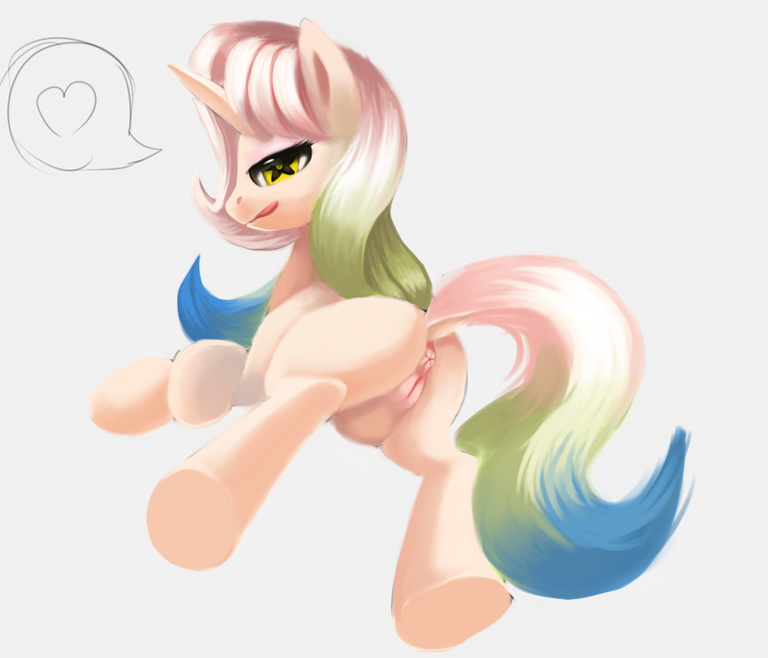 &lt;3 anus back_turned bedroom_eyes clitoris equine female feral fur hair hi_res hooves horn long_hair looking_at_viewer looking_back mammal my_little_pony nipples original_character plain_background presenting pussy raised_tail sketchy_skylar smile solo tongue two_tone_hair unicorn yellow_eyes