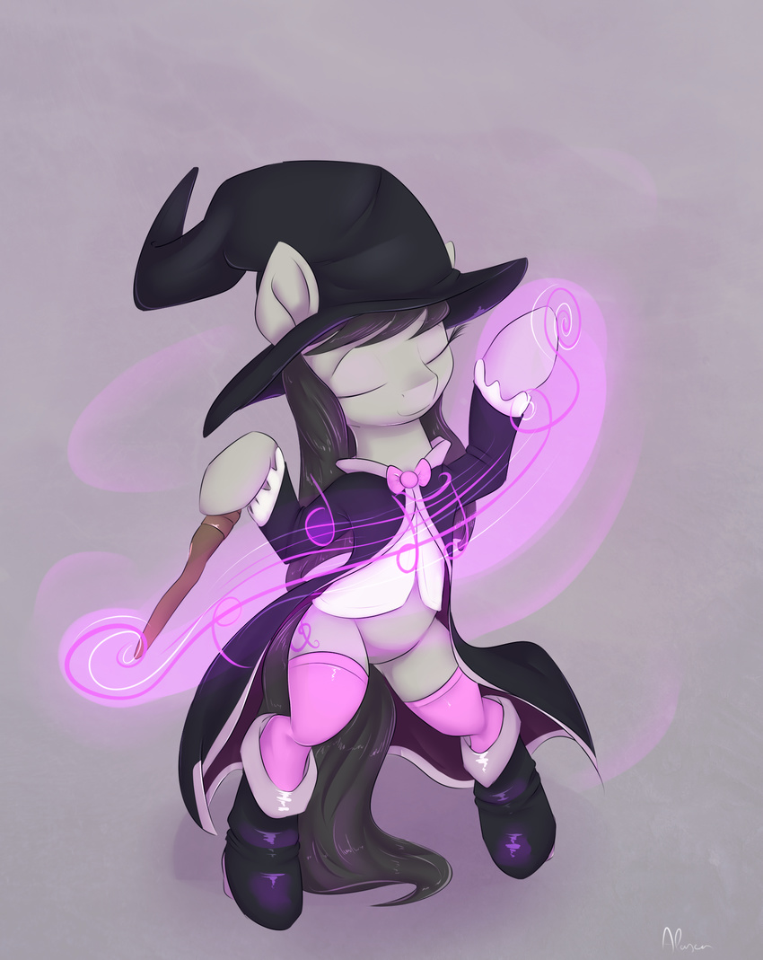 2014 alasou bipedal black_hair clothing cutie_mark earth_pony equine eyes_closed female friendship_is_magic fur grey_background grey_fur hair hat hi_res horse jacket legwear magic magic_user mammal music music_notes my_little_pony octavia_(mlp) plain_background pony shoes solo thigh_highs wand witch witch_hat