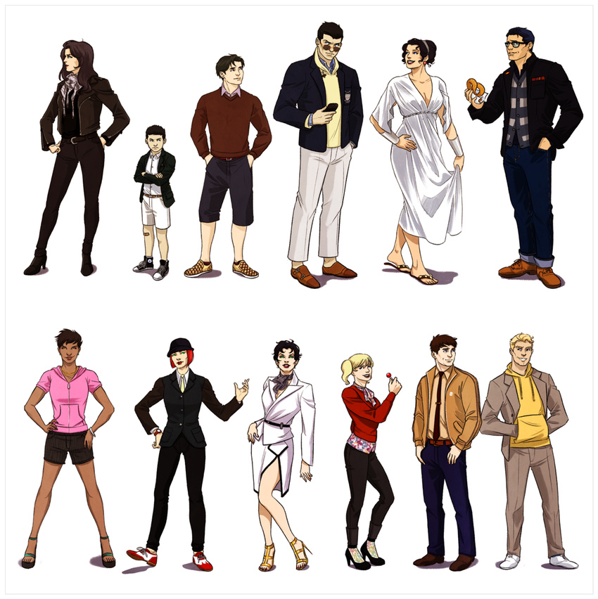 6+boys alternate_costume amazon ankle_strap bandage bangs batman batman_(series) batwoman belt black_hair black_shoes blonde_hair blue_beetle blue_eyes bob_cut booster_gold boots bracelet brother brothers bruce_wayne candy cardigan catwoman clark_kent converse crossed_arms damian_wayne dark_skin dc_comics denim diana_prince doughnut dress earrings father father_and_son fedora food formal full_body glasses hands_on_hips harley_quinn hat high_heels hood hoodie huntress jacket jeans jewelry kal-el kate_kane kryptonian leggings lineup loafers lollipop mari_jiwe_mccabe multiple_boys multiple_girls necktie pants phone pink_shirt pinstripe_pattern pixie_cut red_hair red_sweater saddle_shoes sandals scarf selina_kyle shirt shoes short_hair shorts siblings skirt smile standing suit sunglasses superman superman_(series) ted_kord tim_drake twintails vambraces vixen_(dc) watch white_dress white_shoes wonder_woman_(series) wristwatch yellow_eyes yellow_shirt