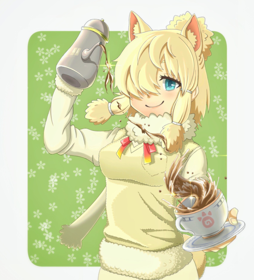 1girl alpaca_ears alpaca_suri_(kemono_friends) alpaca_tail animal_ears aqua_eyes arm_up bangs blonde_hair breast_pocket closed_mouth cup decantering drink extra_ears fur-trimmed_sleeves fur_scarf fur_trim hair_bun hair_over_one_eye hand_up highres holding holding_saucer holding_teapot japari_symbol kemono_friends long_sleeves looking_at_viewer medium_hair neck_ribbon pocket ribbon saucer scarf shirt shoui sidelocks smile solo sparkle splashing sweater_vest tail teacup teapot upper_body