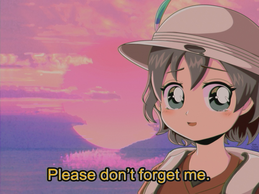 1girl 90s aqua_eyes artist_name backpack bag black_hair blush cloud cloudy_sky english_text eyebrows_visible_through_hair fake_screenshot hat hat_feather helmet highres kaban_(kemono_friends) kemono_friends looking_at_viewer oldschool open_mouth pink_sky pith_helmet portrait red_shirt reflection shirt short_hair sky smile solo subtitled tearing_up veechoochoo vhs_artifacts water white_hat