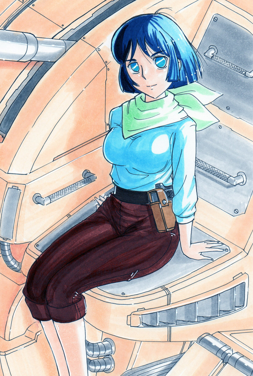 blue_eyes blue_hair breasts capri_pants female gun handgun hayami_jin highres holster large_breasts maria_(xabungle) mecha neckerchief pants pistol scarf sentou_mecha_xabungle short_hair sitting solo sweater weapon