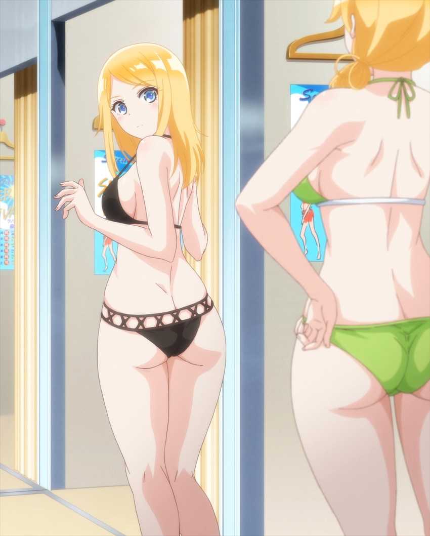 2girls ass bikini black_bikini blonde_hair blue_eyes breasts butt_crack harukana_receive highres large_breasts long_hair looking_back multiple_girls screencap sideboob standing stitched swimsuit third-party_edit thomas_claire thomas_emily