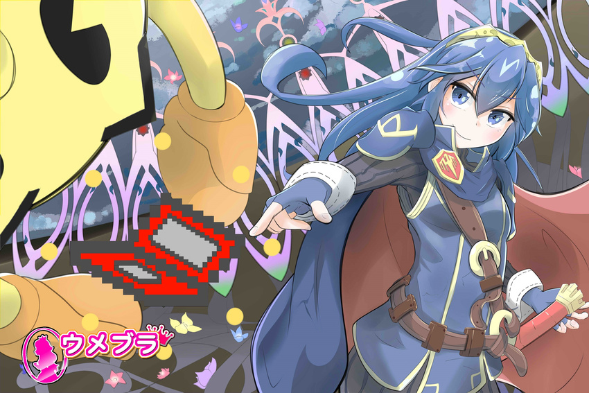 belt blue_eyes blue_hair cape falchion_(fire_emblem) fingerless_gloves fire_emblem fire_emblem:_kakusei gloves handheld_game_console highres long_hair lucina nintendo nintendo_3ds pac-man pac-man_(game) pauldrons princess_peach smile super_smash_bros. sword tiara weapon