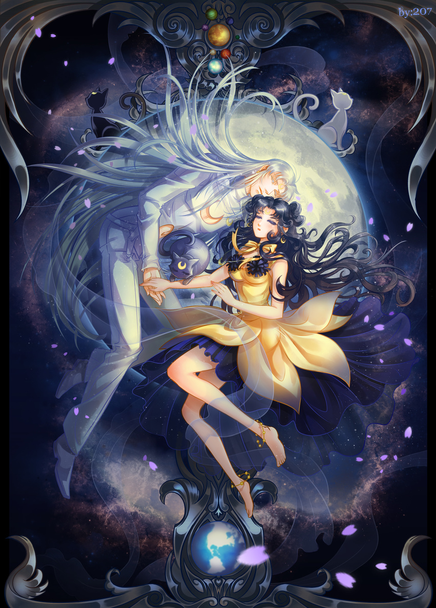 1girl 207 absurdres anklet artemis_(sailor_moon) artemis_(sailor_moon)_(human) artist_name bare_legs barefoot bishoujo_senshi_sailor_moon black_hair bow cat closed_eyes crescent_moon diana_(sailor_moon) dress earrings earth facial_mark forehead_mark full_body full_moon highres jewelry long_hair luna_(sailor_moon) luna_(sailor_moon)_(human) moon pants personification petals planet silver_hair touching white_pants yellow_bow