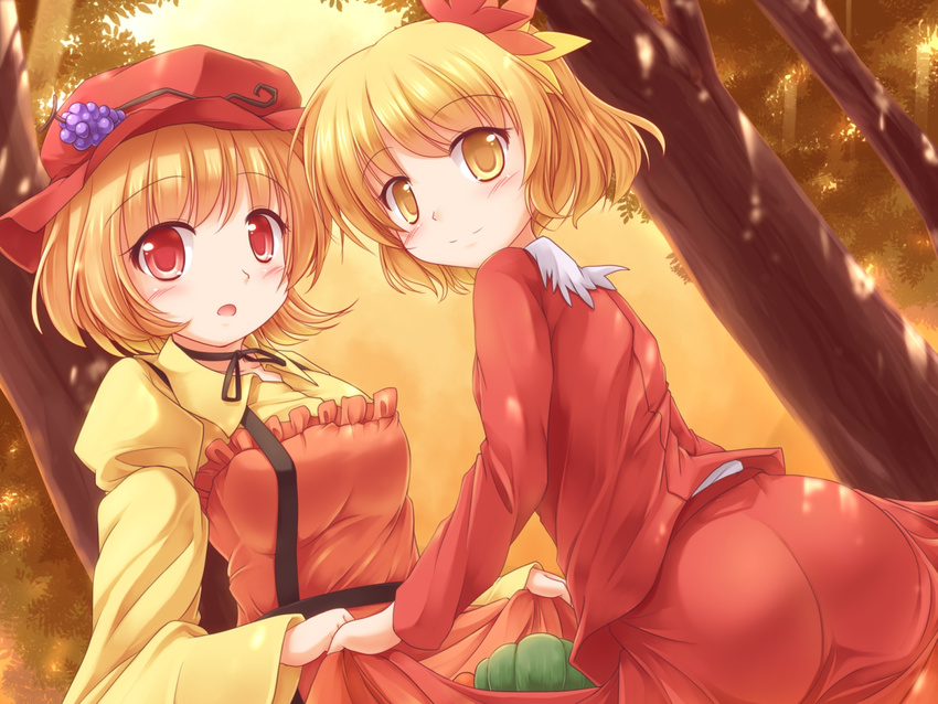 aki_minoriko aki_shizuha apron ass blonde_hair blush dappled_sunlight food forest fruit grapes hair_ornament harvest hat highres juliet_sleeves long_sleeves looking_at_viewer looking_back lzh multiple_girls nature open_mouth puffy_sleeves red_eyes shirt siblings sisters skirt skirt_basket skirt_set smile sunlight touhou tree wide_sleeves yellow_eyes