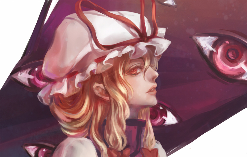 blonde_hair bow dress ears eyes gap hair_bow hair_up hat hat_ribbon lips looking_at_viewer looking_to_the_side mob_cap nose orange_eyes parted_lips profile red_eyes ribbon ringovalent sidelocks simple_background tabard teeth touhou upper_body white_background white_dress yakumo_yukari