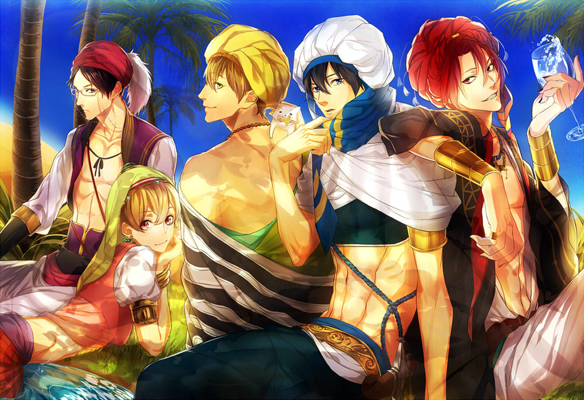 arabian_clothes back bad_id bad_pixiv_id black_hair blonde_hair blue_eyes brown_hair cat dancer earrings free! from_behind green_eyes hazuki_nagisa iwatobi-chan jewelry looking_back male_focus matsuoka_rin midriff multiple_boys nanase_haruka_(free!) navel necklace open_mouth red_eyes red_hair ryuugazaki_rei sharp_teeth shirosaki_(233144) smile splash_free tachibana_makoto teeth