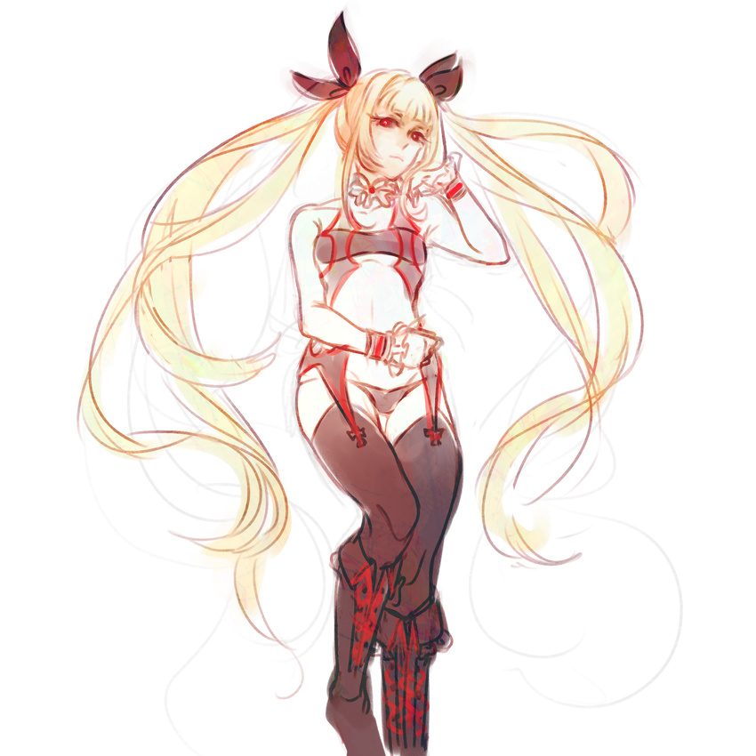 black_legwear black_panties blazblue blonde_hair boots center_opening chibibro cross-laced_footwear flat_chest garter_straps hair_ribbon highres knee_boots lace-up_boots long_hair panties rachel_alucard red_eyes revealing_clothes ribbon sketch solo thighhighs twintails underwear very_long_hair wrist_cuffs