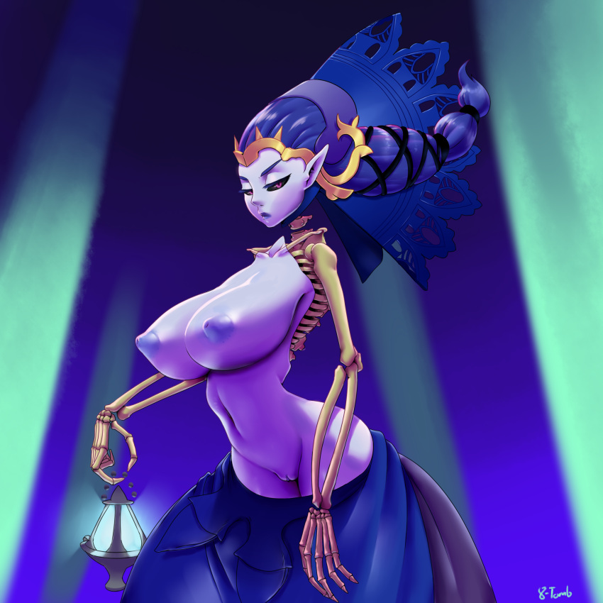1girl 8-tomb black_lipstick black_sclera blue_skin breasts crown dress goddess highres huge_breasts inverted_nipples lantern large_breasts lipstick makeup nipples odette odette_(odin_sphere) odin_sphere partial_skeleton pointy_ears pussy queen red_eyes ribs skeleton skirt solo tied_hair