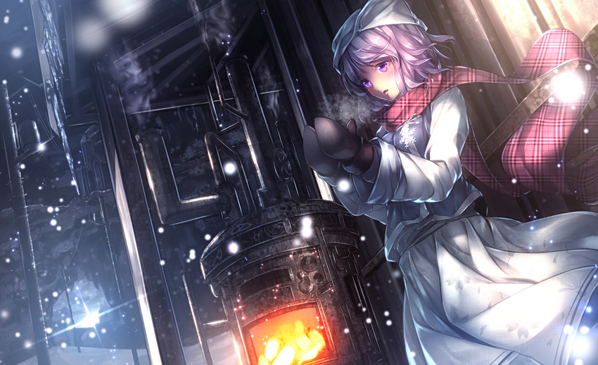fire furnace hat highres lavender_hair letty_whiterock mittens plaid plaid_scarf purple_eyes red_scarf ryosios scarf shirt short_hair skirt snow touhou vest