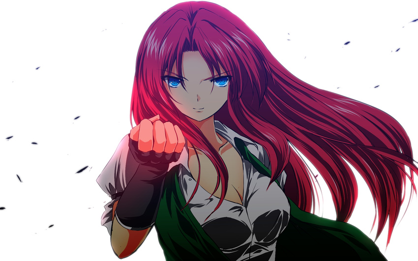 backlighting black_gloves blue_eyes breasts cleavage clenched_hand elbow_gloves fingerless_gloves gloves highres hong_meiling large_breasts long_hair looking_at_viewer nekominase open_clothes open_vest puffy_short_sleeves puffy_sleeves red_hair shirt short_sleeves smile solo touhou very_long_hair vest wind