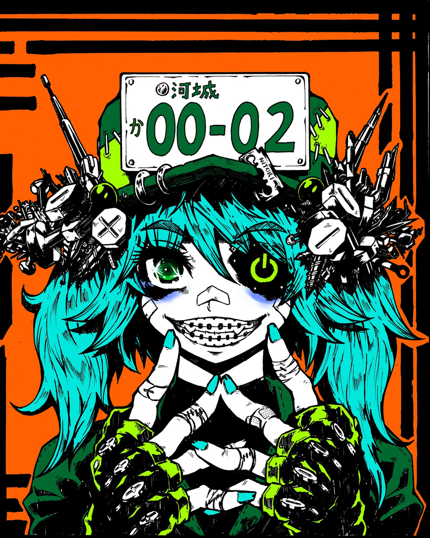 :d antennae bags_under_eyes bandaid bandaid_on_face bandaid_on_nose braces character_name cyberpunk dog_tags eyelashes eyepatch fingerless_gloves gloves green_eyes green_gloves green_hair green_jacket green_nails grin hair_ornament hands_on_own_face hat highres jacket jewelry kawashiro_nitori license_plate nail_polish nehitsuji_(syatihokoga) open_mouth razor_blade ring screw shirt short_hair smile solo stitches touhou wrench