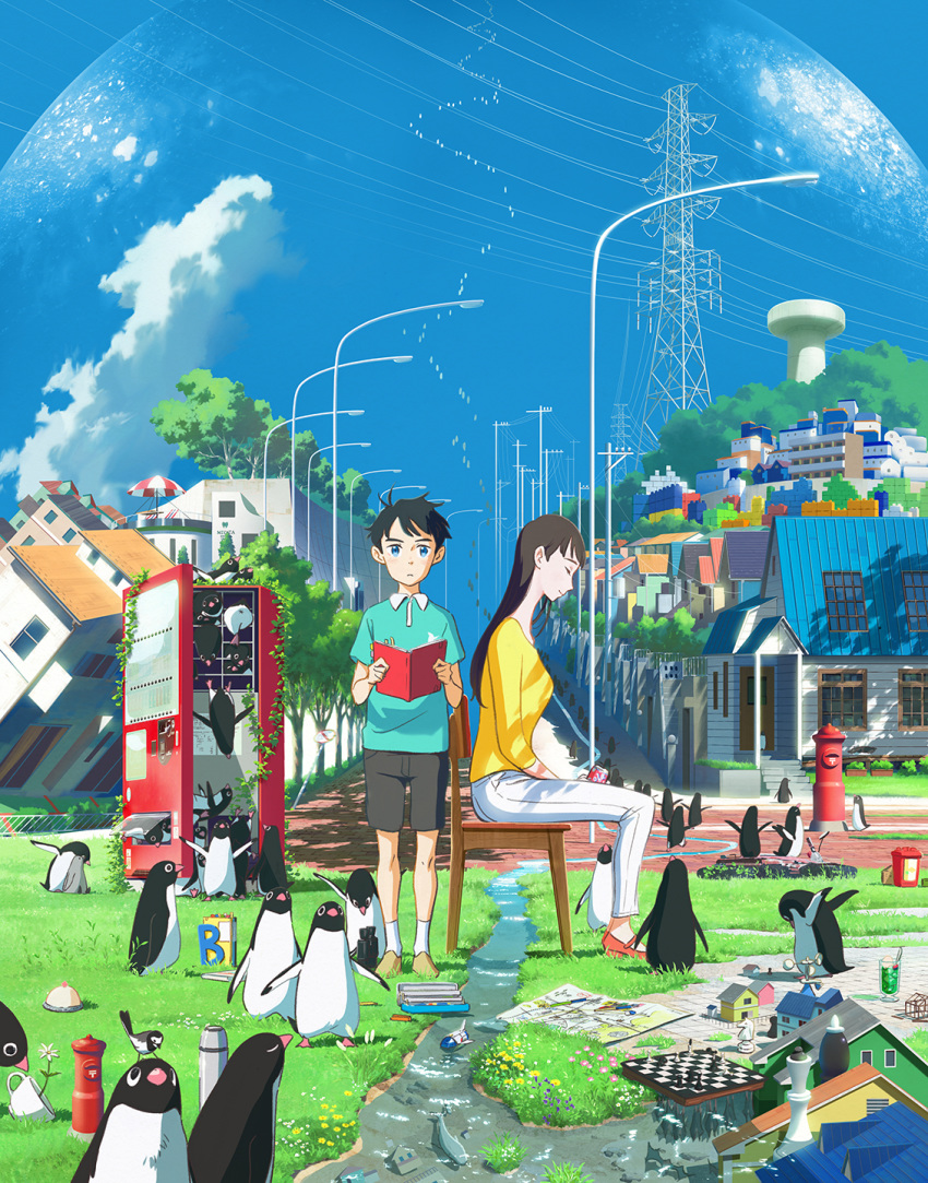 1boy 1girl aoyama-kun_(penguin_highway) aqua_shirt bird black_footwear black_hair blue_eyes blue_sky board_game book brown_footwear building chair chess cloud cup eyes_closed fire_hydrant grass highres house ishida_hiroyasu lamppost lego looking_at_viewer onee-san_(penguin_highway) open_book outdoors pants penguin penguin_highway power_lines road_sign shadow shirt shoes short_sleeves sign sitting sky standing teacup tree umbrella vending_machine water water_tower white_pants yellow_shirt