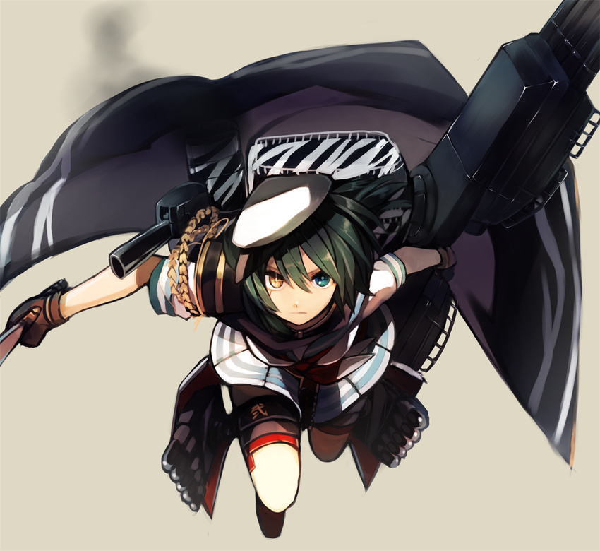 bad_id bad_pixiv_id blue_eyes cape gloves green_hair hat heterochromia kantai_collection kiso_(kantai_collection) long_hair remodel_(kantai_collection) scar shiorinda solo sword weapon yellow_eyes