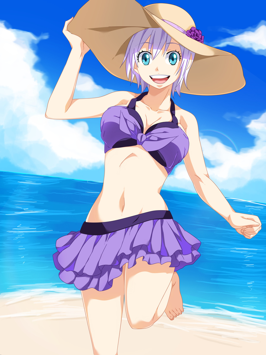 1girl :d bare_shoulders barefoot beach bikini bikini_skirt blue_eyes breasts cleavage collarbone dutch_angle fairy_tail front-tie_top hand_on_headwear happy hat highres large_breasts lavender_hair lisanna lisanna_strauss looking_at_viewer midriff navel ocean open_mouth short_hair silver_hair smile solo standing_on_one_leg sun_hat swimsuit vector_trace water