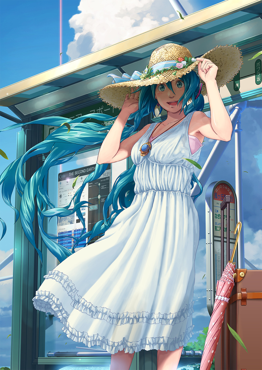 adjusting_clothes adjusting_hat aqua_eyes aqua_hair arms_up bus_stop cloud day dress hat hatsune_miku highres isai_shizuka jewelry long_hair necklace pendant sky sleeveless smile solo straw_hat sundress twintails umbrella very_long_hair vocaloid