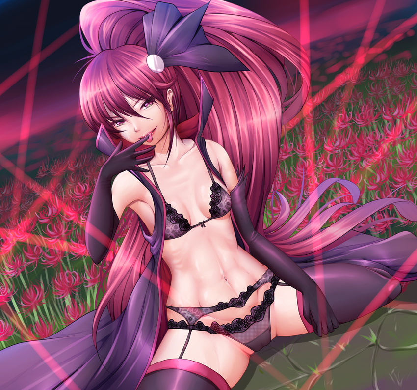 black_gloves elbow_gloves field flower flower_field garter_belt genderswap genderswap_(mtf) gloves hair_ornament happinesscharge_precure! harihisa long_hair magical_girl navel on_ground partially_undressed phantom_(happinesscharge_precure!) ponytail precure red_eyes red_hair ribs sitting solo spider_lily spread_legs thighhighs tongue unlovely_(happinesscharge_precure!) wide_ponytail